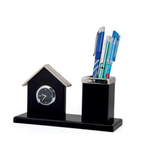 Wooden House Desk Organizer with Clock and Pen Stand