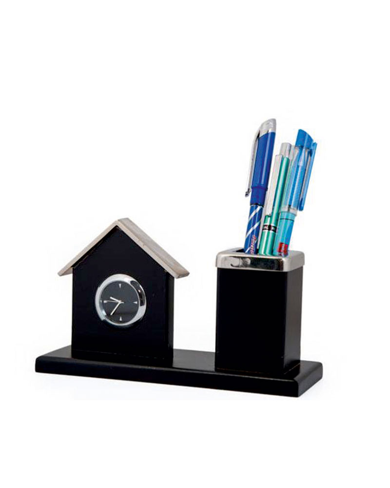 Wooden House Desk Organizer with Clock and Pen Stand