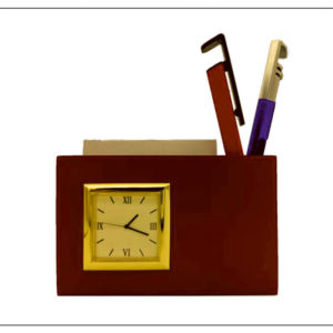 Wooden Desk Organizer with Clock and Pen Stand