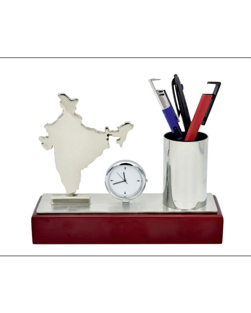 Steel Pen Stand and Clock with India Map